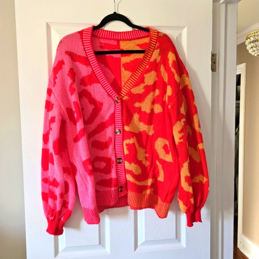 SHEIN Stylish Pink and Red Women's Sweater Cardigan In Leopard